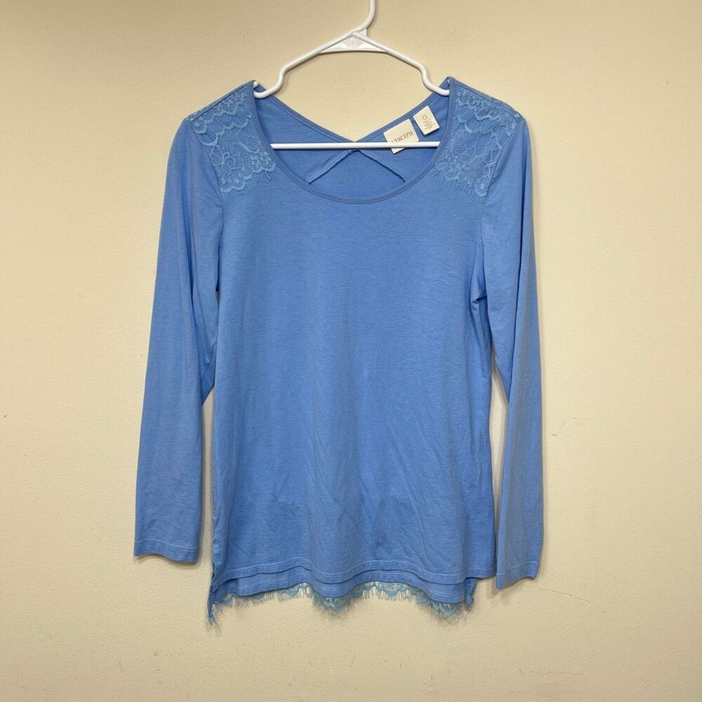 Chico's Women's Long Sleeve Lillian Lace Fringe Hem Tunic Top Blue Size 0 Small